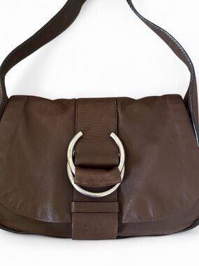 Prada Brown Leather Shoulder Bag with Silver-Tone Ring